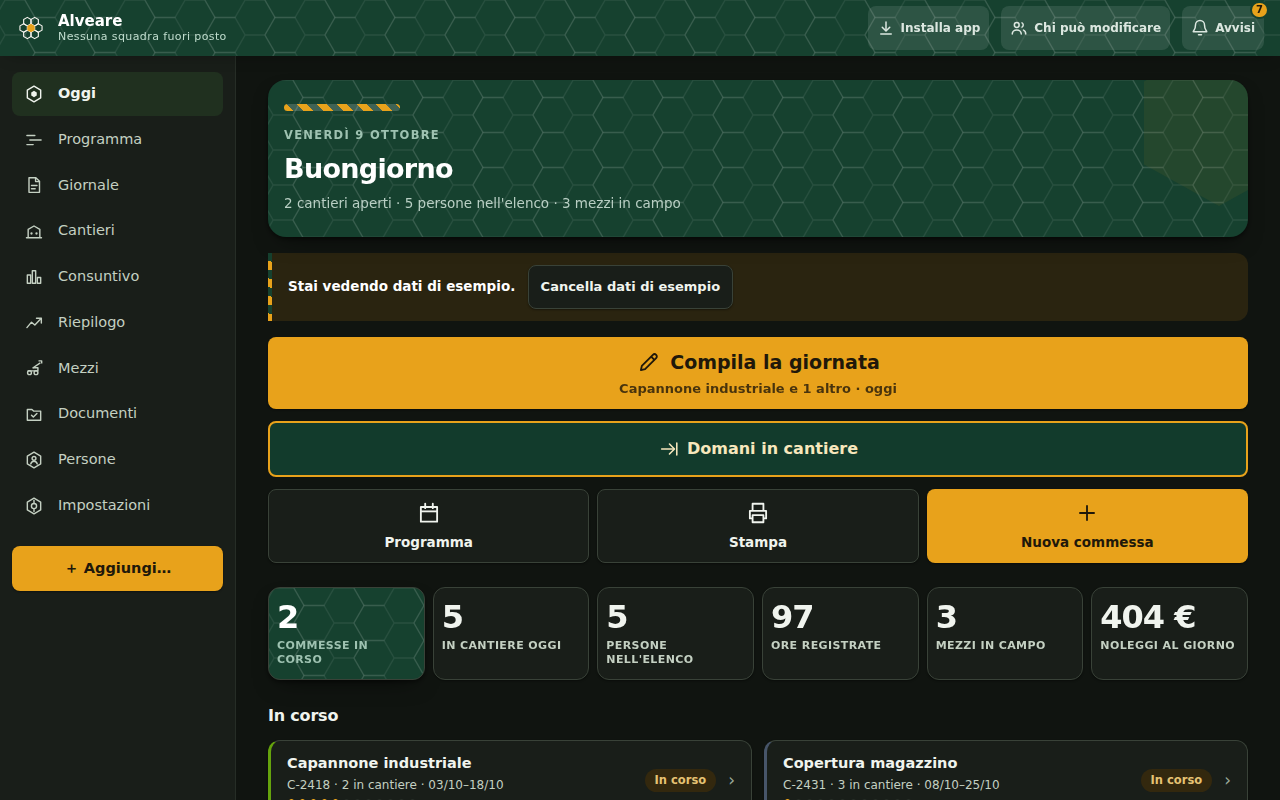 Alveare su computer: schermata Oggi con commesse, persone e accessi rapidi